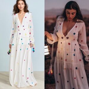 Rococo Sand White Maxi Dress with Colorful Star Accents